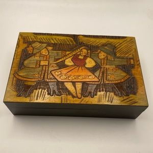 Vintage Carved Wood Hinged Jewelry Trinket Box Boy Girl Braids Scene